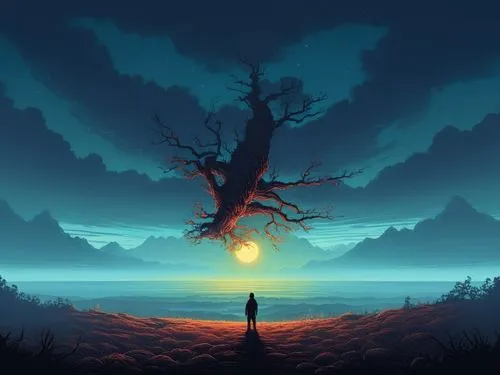 standing all by myself  at a misty sky ,isolated tree,lone tree,silhouette art,house silhouette,lonetree,tree silhouette,dusk background,old tree silhouette,landscape background,world digital painting