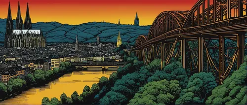 hohenzollern bridge,david bates,wuppertal,würzburg,dresden,bern,heidelberg,travel poster,rhineland palatinate,freiburg,cool woodblock images,bacharach,new-ulm,bridge new europe,cologne,ruhr area,golden bridge,graz city,saxon switzerland,elbe,Illustration,Black and White,Black and White 18