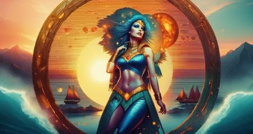 a painting of a woman in a blue outfit standing next to an ocean,blue enchantress,amphitrite,etheria,fantasy woman,sorceress,fantasy art,Illustration,Realistic Fantasy,Realistic Fantasy 25