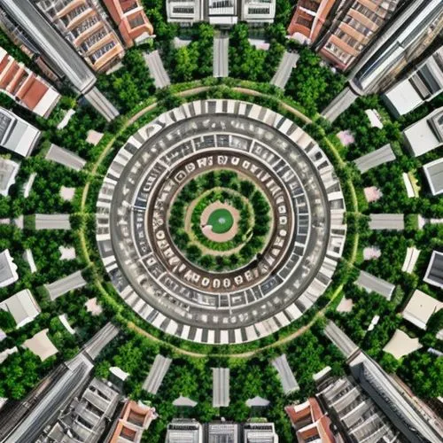 8k, high detail, street, top view, green park, realistic, rich,fibonacci spiral,spherical image,fibonacci,the center of symmetry,aerial landscape,aerial view umbrella,concentric,roof landscape,macrope