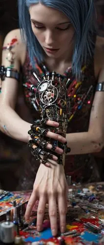 tattoo girl,mechanical puzzle,cyberpunk,bodypaint,hand painting,body painting,artist doll,painter doll,body art,circuitry,bodypainting,art model,artistic hand,metalsmith,cyborg,woman hands,painting technique,plastic arts,vanitas,human hands,Conceptual Art,Sci-Fi,Sci-Fi 09