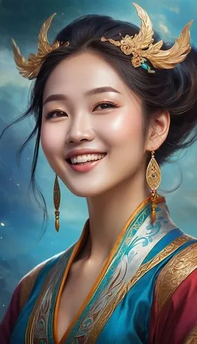 Candid woman portrait, genuine emotion, natural laughter, unposed, authentic moment, lifestyle photography,the asian woman with an elaborate head piece,sanxia,jingqian,chuseok,xiaojian,goryeo,yunxia,I