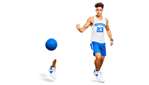 Young muscular man, basketball player, dynamic pose, athletic body, sweaty face, determined expression, messy short hair, sporty sunglasses, white jersey, blue shorts, sneakers, basketball in hand, ju