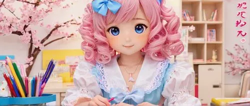 Cute Maroll, Japanese stationery, pastel color, pink hair clips, curly brown hair, bright blue eyes, white dress, lace trimming, puffy sleeves, ribbon tied at neck, sitting, desk, pencil case, noteboo