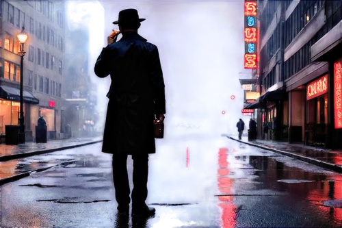 man with umbrella,jigen,detective,film noir,noir,zenigata,samourai,inspecteur,borsalino,overcoat,walking in the rain,walking man,smooth criminal,greatcoat,pedestrian,spy visual,pachuco,godot,man silhouette,hazama,Illustration,Black and White,Black and White 29