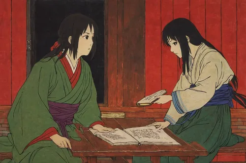 Write a dramatic scene where Ayano confronts a dark secret from their past, struggling to find redemption.,cool woodblock images,woodblock prints,tea ceremony,woodblock printing,children studying,tsuk