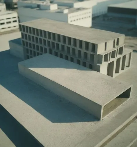 A drone take a planar viene about this concrete and word building located in a 
park
,an architectural model is shown on top of a building,tschumi,lasdun,brutalism,brutalist,ziggurat,hejduk,Photograph