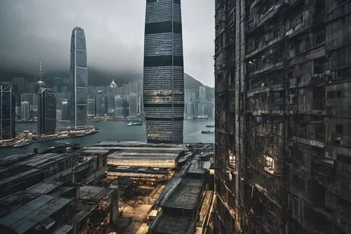 Hong Kong architecture, skyscraper, modern, urban landscape, International Commerce Centre (ICC), Victoria Harbour, financial district, steel and glass structure, angular lines, neon lights, vibrant n