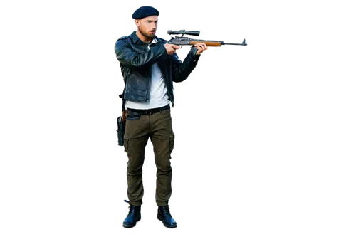 French sniper, male, 25yo, strong facial features, piercing blue eyes, short brown hair, stubble, beret, black leather jacket, white shirt, dark green pants, combat boots, holding rifle, aiming, stand