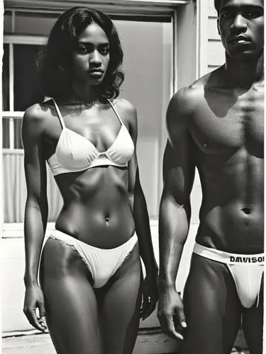 Same scene as black and white photo.,two women in underwear are posing outside,black models,black couple,hardbodies,vintage man and woman,beautiful african american women,workout icons,Photography,Bla