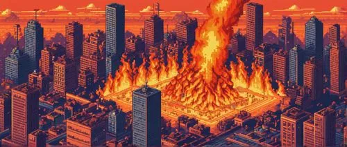 8-bit illustration of an urban city on fire, video game level, daytime,the fire and flames that are in the city,city in flames,fire background,pyromania,infernos,fire land,firebugs,schuitema,fire plan