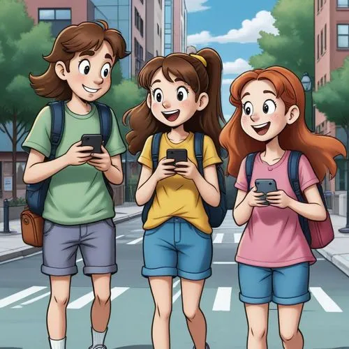 three young women are standing on the side walk,digidestined,pokemon go,sugimori,geocachers,streetpass,cute cartoon image