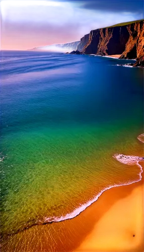 Blue ocean, calm waves, clear water, sunlight reflection, soft foam, sandy beach, rocky shoreline, dramatic cliff, misty atmosphere, warm light, 3/4 composition, shallow depth of field, vibrant color 