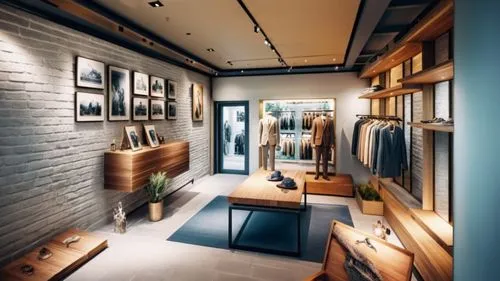 Make an image showing a window display of a vintage style store with a commercial atmosphere, with casual men's clothing. ,In search of an attractive interior for a clothing store. / En busqueda de un