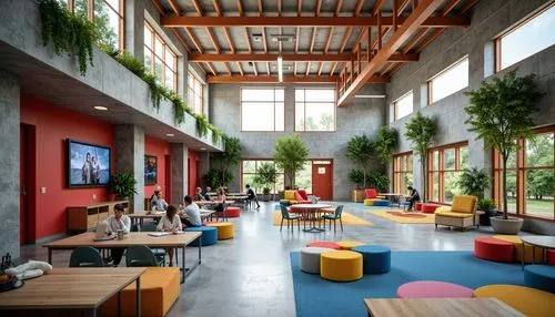 Vibrant high school building, constructivist architecture, exposed concrete walls, bold metal beams, geometric patterns, colorful accents, industrial chic interiors, recycled material furniture, livin