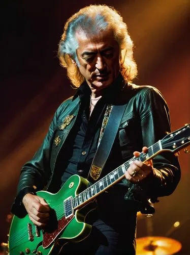 Jimmy Page, rockstar, legendary guitarist, Led Zeppelin, emerald green eyes, sharp facial features, iconic hairstyle, 1970s fashion, bell-bottom jeans, tight-fitting shirt, leather jacket, holding gui