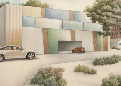 Create a modern parking garage where the car is currently entering. As you can see, it should have a green facade
At the bottom right you can see a bush with green bottles,multi storey car park,car pa