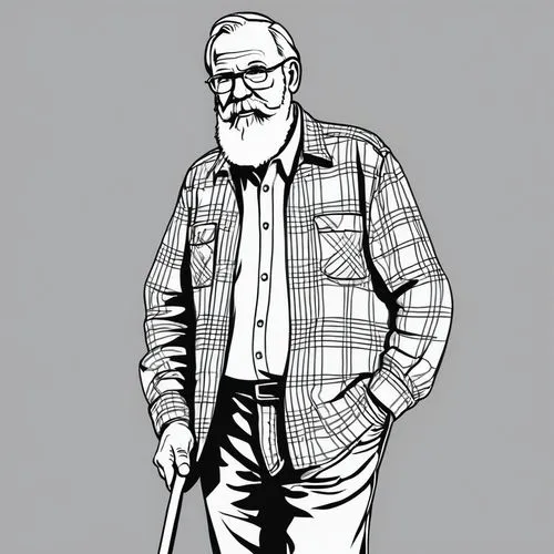 a 65 year old long bearded man holding a cane wearing plaid shirt and jeans in vector outline
,the man is holding a cane in one hand and he's wearing a hat,kernighan,dennett,kubert,klosterman,ferlingh