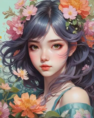 realistic painting of a anime Girl dressed in flowers, in the style of artgerm, loose linework, lush and detailed, detailed facial features, cottagecore, nature-inspired, close-up intensity,a painting