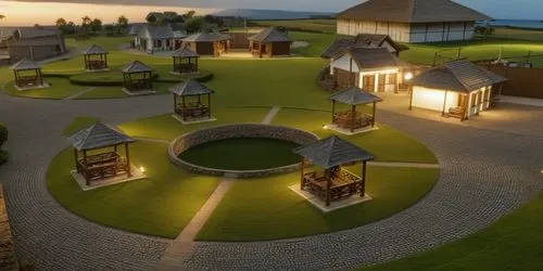 golf resort,golf lawn,mini golf course,nativity village,escher village,cube stilt houses,golf hotel,playhouses,tulou,ecovillages,play area,knight village,feng shui golf course,3d rendering,lodges,mini