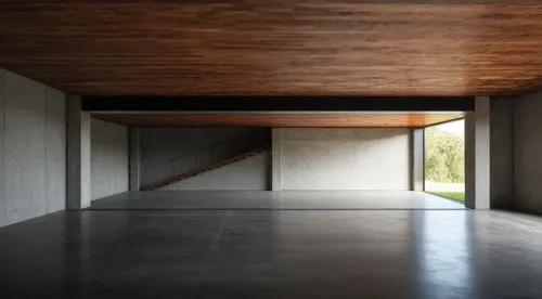 garrage  2 car,concrete stamp  floor,wood ceiling, black Metal beam,this concrete room has been designed for a home,associati,the threshold of the house,adjaye,corten steel,concrete ceiling,siza,Photo