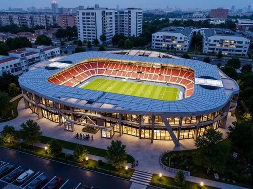 Vibrant football stadium, social housing complex, curved lines, dynamic shapes, bold color schemes, metallic materials, LED lighting systems, cantilevered roofs, open-air balconies, communal green spa