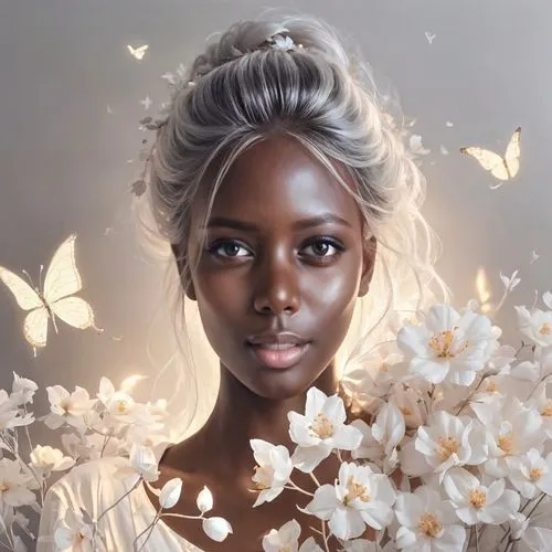 flower fairy,linden blossom,fantasy portrait,white butterflies,white blossom,mystical portrait of a girl,african american woman,girl in flowers,beautiful african american women,flower girl,faerie,faery,beautiful girl with flowers,portrait background,butterfly white,girl in a wreath,fairy queen,white floral background,elven flower,blossom