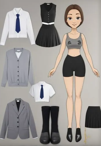 Paper dolls British 16 year old schoolgirl in black sleeveless shirt ,black tight fit spandex shorts with black sock and black shoe standing surrounded by with a set of British school uniform, white d