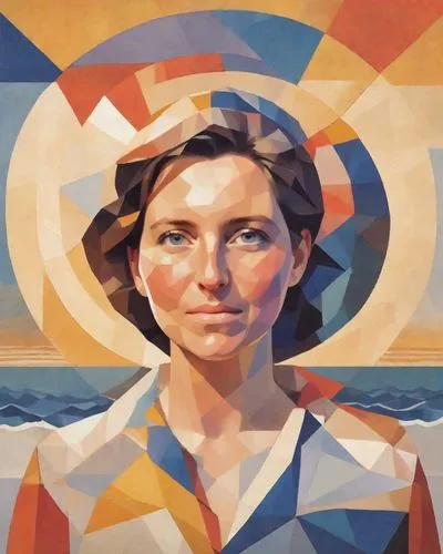 portrait in the style of polygonal painting in the style of Alexander Deineka, the face is divided into colored polygons of different sizes, mosaic, a combination of complex cold and warm colors, play