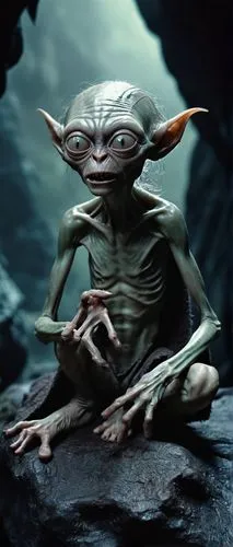 Smeagol, Gollum-like creature, pale green skin, long fingers, toes, sharp pointed teeth, messy brown hair, wild eyes, worn-out clothes, tattered cloak, sitting on a rock, dark cave, dim torch light, e