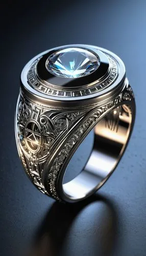 Silver futuristic ring emitting a high-tech glow, prominently featured on ArtStation, captured in a studio photo with sharp focus, intricate engravings caressed by precise lighting, Greg Rutkowski sty