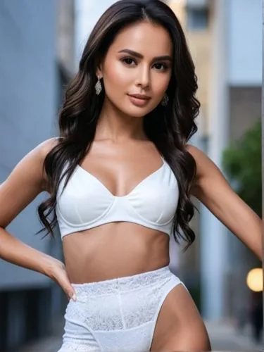 The scene takes place in a busy city. High resolution, background very blurred.,this is an image of a beautiful woman in underwear,laotian,filipino,filipina,miss vietnam,filipinas,chebli,Photography,G