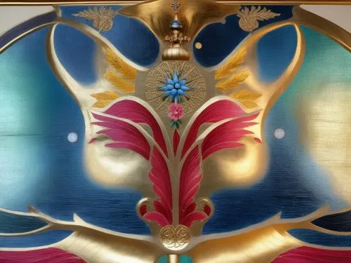 there is a painting on the wall of some sort,motifs of blue stars,dzogchen,shahnama,glass painting,padmasambhava,art deco ornament,Illustration,Realistic Fantasy,Realistic Fantasy 43