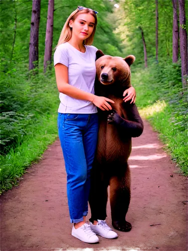 Masha, girl, real-life photography, forest setting, standing, holding hands with a big brown bear, casual clothes, jeans, white T-shirt, sneakers, messy blonde hair, gentle smile, natural makeup, warm