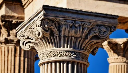 Ancient Greek column, Doric, Ionic, Corinthian, Tuscan, Romanesque, Gothic, ornate capital, fluted shaft, pedestal base, marble material, intricate carvings, temple surroundings, sunny day, low angle 