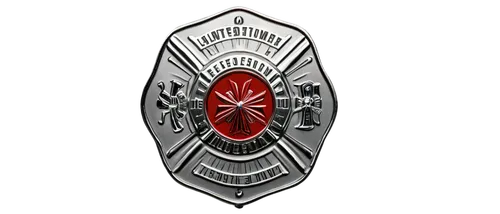 Fire department badge, volunteer symbol, Maltese cross, red and silver colors, intricate details, bold font, flame patterns, star shapes, circular shape, metallic texture, shiny surface, close-up shot