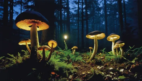 Describe a magical garden where witches boletus mushrooms grow, emitting a vibrant glow under the moonlight.,forest mushrooms,mushroom landscape,toadstools,forest mushroom,umbrella mushrooms,mushrooms