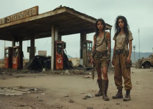 a pair of mixed-race young female scavengers in a post-apocalyptic landscape wearing torn and grubby clothing, standing outside a wrecked gas station,two women in overalls and boots are standing outsi