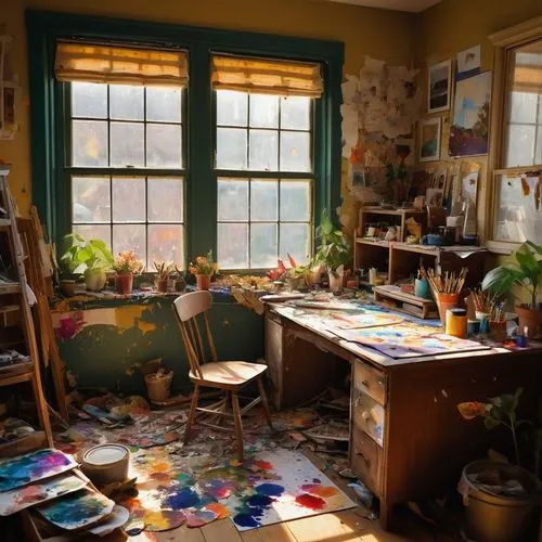 the living room of a photographer,workspace,study room,the little girl's room,workroom,work space,sewing room,dandelion hall,creative office,writing desk,working space,home office,playing room,classroom,clutter,desk,watercolor shops,children's room,meticulous painting,studio light,Art,Classical Oil Painting,Classical Oil Painting 07