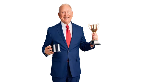 Trophy, award, certificate, medal, successful businessman, confident smile, formal wear, suit, tie, hands holding trophy, standing, proud posture, subtle facial expression, realistic, softbox lighting