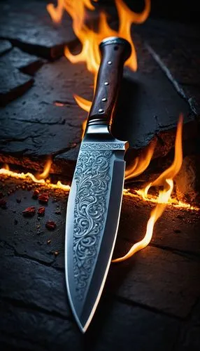 hunting knife,fire background,bowie knife,sharp knife,sabre,knife kitchen,machete,kitchen knife,table knife,beginning knife,dagger,serrated blade,throwing knife,wstężyk huntsman,flamed grill,burning torch,fire devil,firebrat,fiery,knife,Photography,General,Fantasy