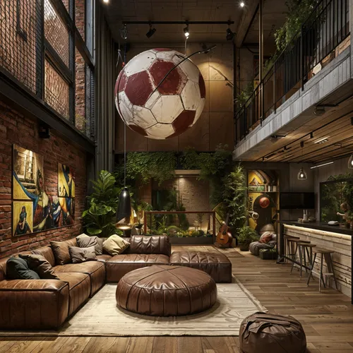 a living area with wooden floors, leather furniture and art,loft,indoor,soccer ball,livingroom,living room,game room