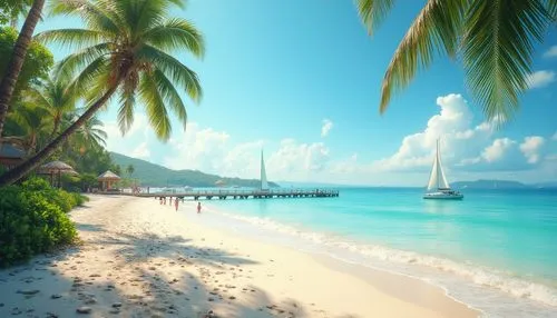 Serene coastal scene, warm sunny day, gentle sea breeze, clear blue sky with few white clouds, sandy beach stretching into the distance, palm trees swaying gently, seashells and starfish scattered alo