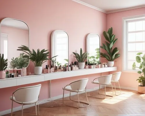 beauty room,hairdressing salon,barber beauty shop,beauty salon,cosmetics counter,salon,houseplants,natural pink,house plants,flower wall en,bath room,schlumbergera,soft pink,color pink white,potted plants,clove pink,danish room,interior design,vanities,showhouse,Conceptual Art,Oil color,Oil Color 13