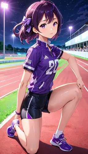 perfect color conbination purple and black,sport girl, black shorts. hair black and purple perfect color conbination, top cropped purple, stretching, crouched,sports girl,track and field,sports unifor