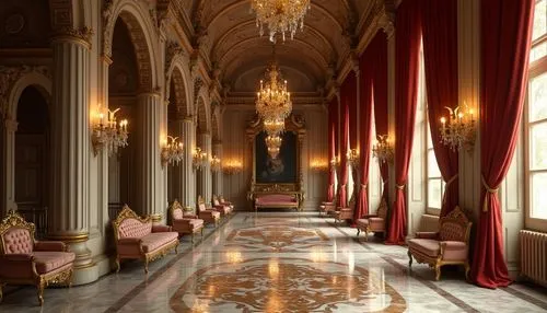 royal interior,ornate room,versailles,ritzau,corridor,enfilade,europe palace,hallway,grandeur,baroque,marble palace,palaces,empty interior,the royal palace,royal palace,ballroom,venaria,checkered floor,rosenkavalier,palazzo,Photography,General,Realistic