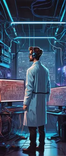 sci fi surgery room,cyberpunk,sci fiction illustration,operating room,cybernetics,cyber,cyber glasses,surgeon,theoretician physician,laboratory,fish-surgeon,cyberspace,scientist,science fiction,science-fiction,man with a computer,cybertruck,scifi,transistor checking,engineer,Illustration,Vector,Vector 01