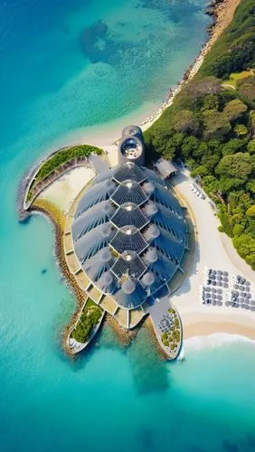 an aerial view of an architectural masterpiece nestled by the sea shore, surrounded by a beautifully landscaped area with lush vegetation. The building itself is a stunning fusion of modern and organi