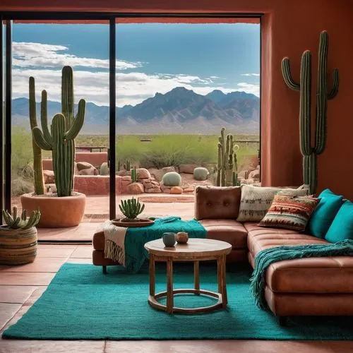 tuscon,cacti,sonoran,tucson,sonoran desert,mid century modern,desert landscape,cactuses,southwestern,living room,dutchman's-pipe cactus,scottsdale,organ pipe cactus,sitting room,desert desert landscape,sunroom,ventanas,turquoise wool,turquoise leather,home landscape,Illustration,Abstract Fantasy,Abstract Fantasy 19