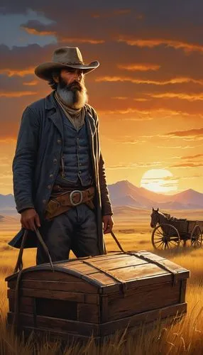 Oregon Trail, deceased pioneer, worn cowboy hat, rugged facial features, thick beard, weathered skin, torn and dusty clothing, wooden coffin, surrounded by vast open prairie, abandoned wagon, scattere